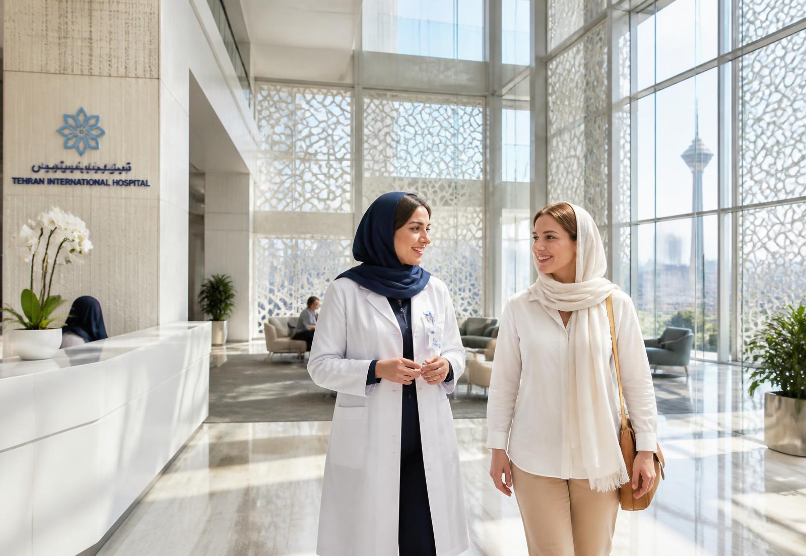 Iranian doctor welcoming an international patient in a modern Tehran hospital atrium