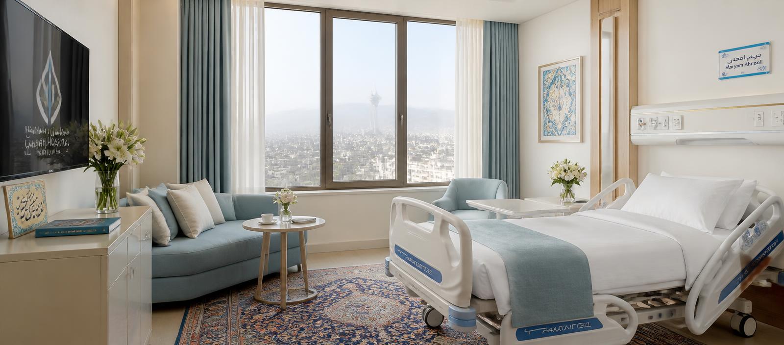 Bright private recovery suite with a Tehran skyline view